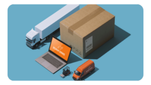 Illustration of a laptop, package and delivery vehicles